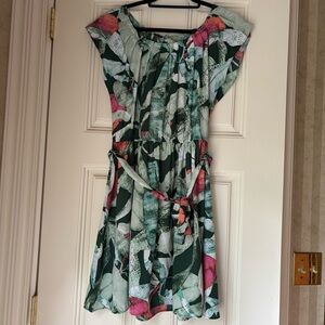 LC Lauren Conrad Green and Pink Tropical Palm Leaf Mini Dress